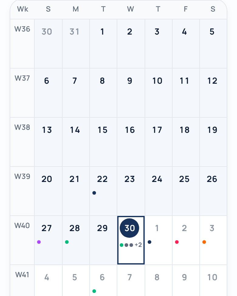 RichRep calendar month view with today ringed in navy and colour-coded events.