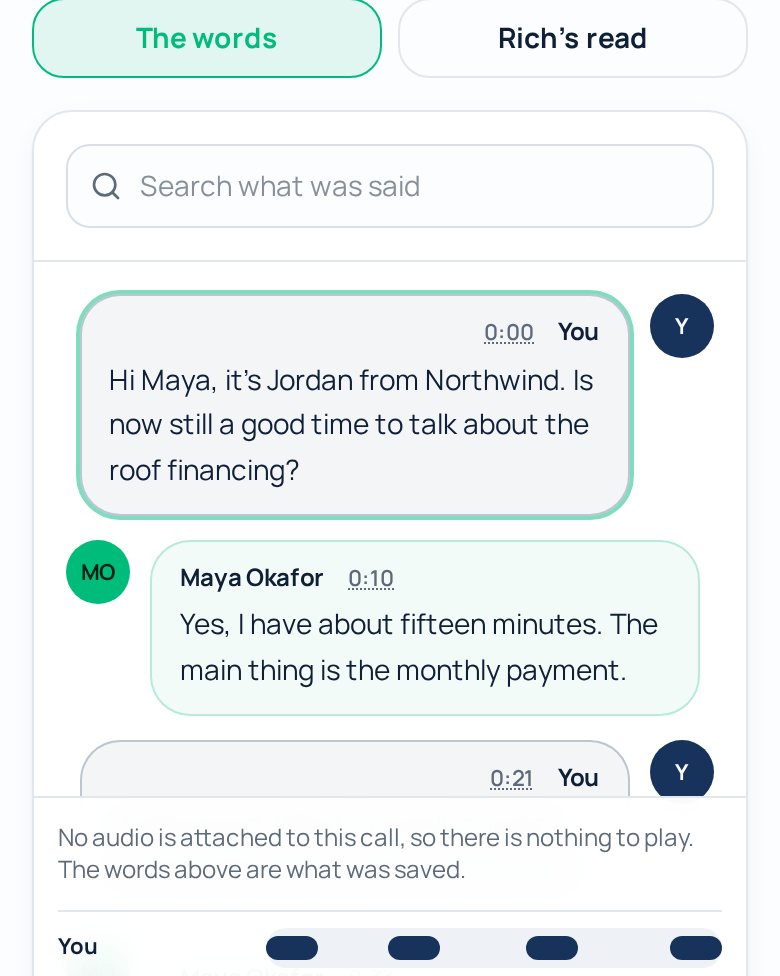 A call transcript in RichRep, each line marked with who spoke and when.